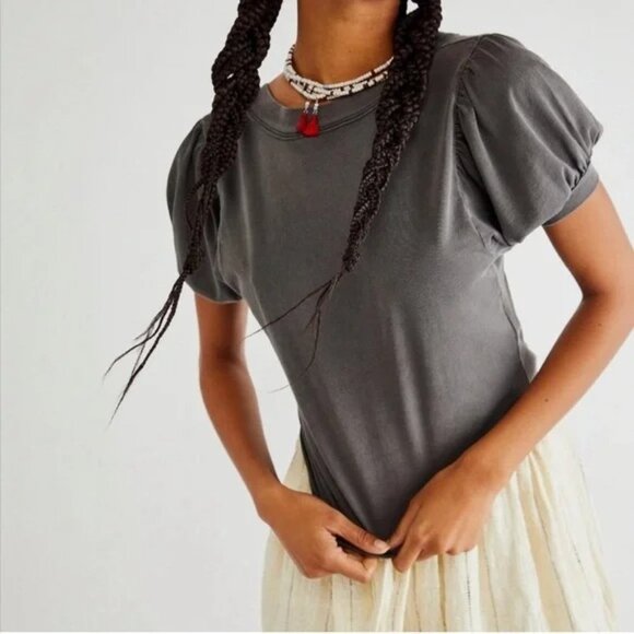 Free People Black Peony Puff-Sleeves Puff Shoulder Short Sleeves Tee T-Shirt Top - Picture 2 of 12